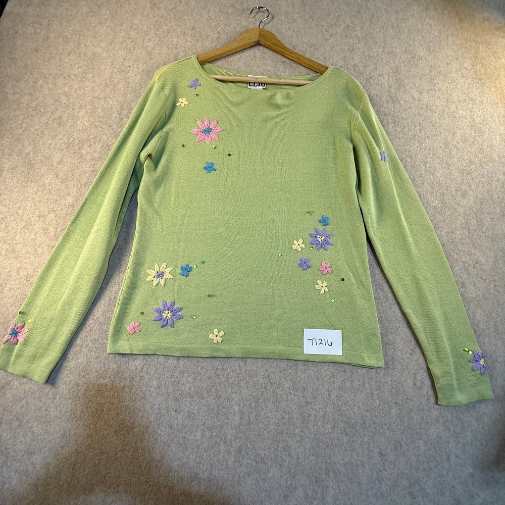 Clio Womens Silk Cotton Blend Floral Embroidered Knit Sweater Green Large T1216